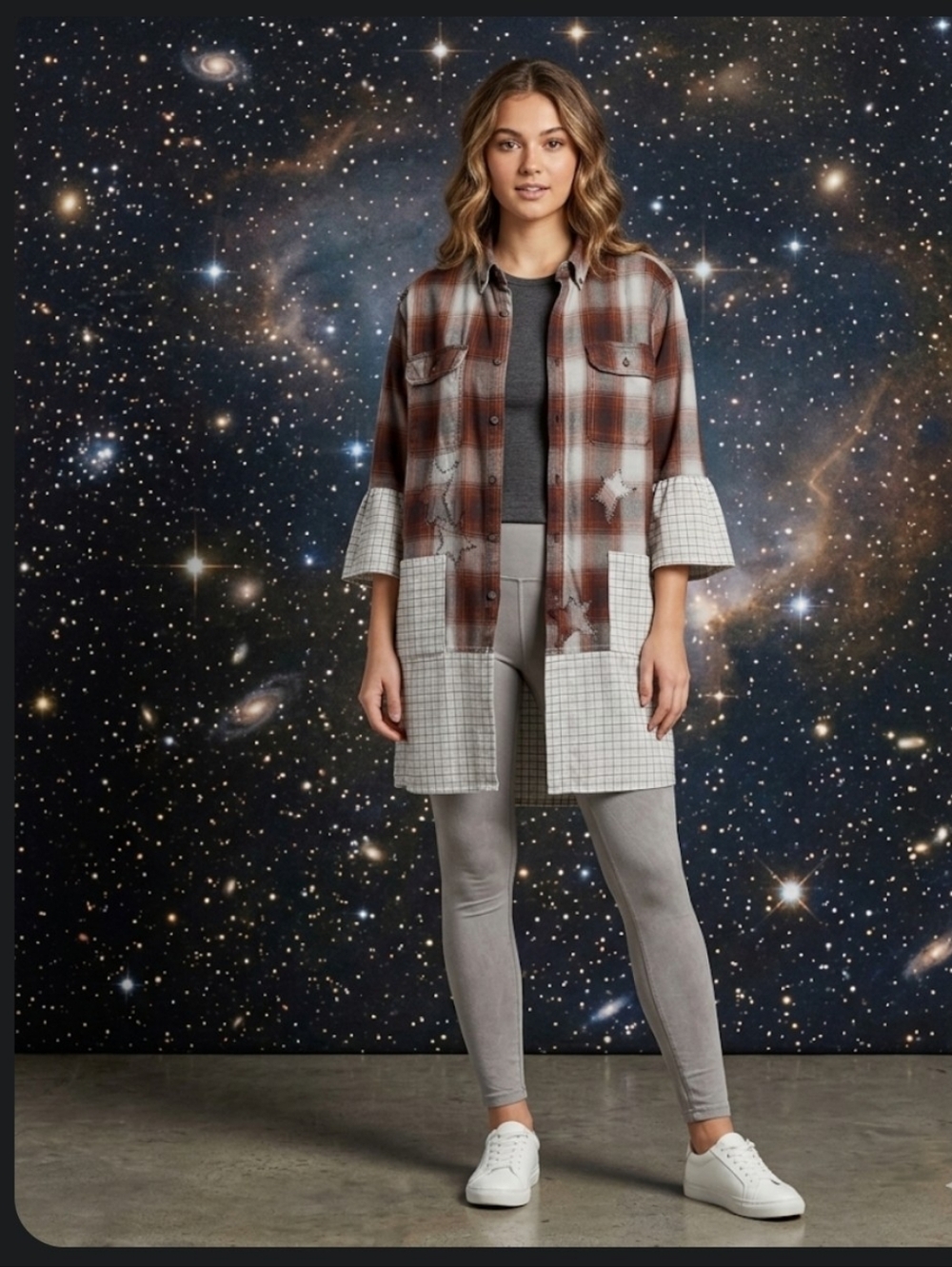Upcycled Plaid Flannel Duster Shacket Coat Stars M Original